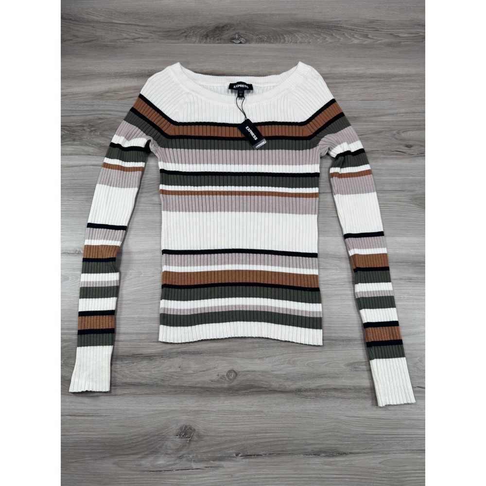 NWT Express Ribbed Striped‎ Boat Neck Long Sleeve Sweater Top Women M